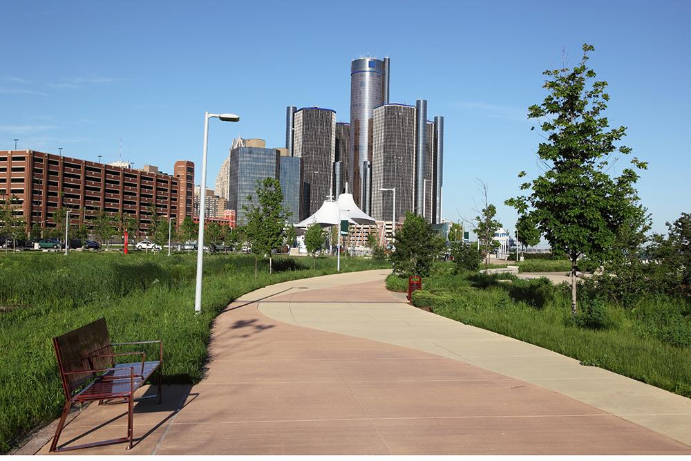 Detroit International RiverWalk spans 5 ½ miles of riverfront, from the Ambassador Bridge to Gabriel Richard Park. Detroit is the largest city in the state of Michigan. Detroit is known as  the birthplace of the automotive industry and an important source of popular music legacies