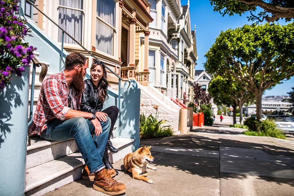 A couple with a dog on a city walk